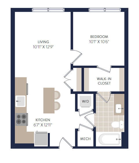 Floor plan for 1 bed, 1 bath, 552 sqft